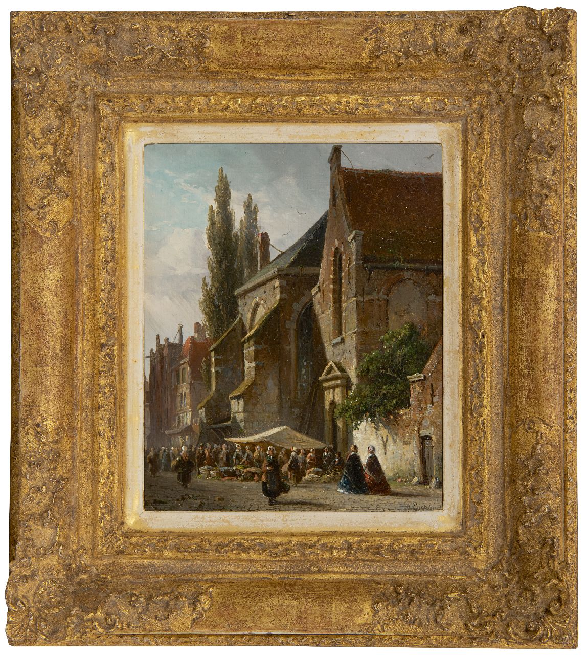 Eversen A.  | Adrianus Eversen | Paintings offered for sale | Market day at the church, oil on panel 19.0 x 15.3 cm, signed l.r.