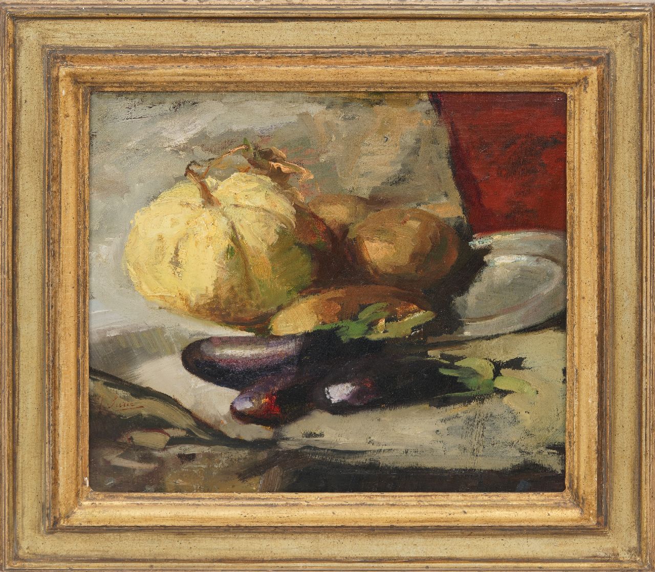 Surie J.  | Jacoba 'Coba' Surie, A still life with egg-plants, oil on canvas 37.8 x 42.5 cm, signed l.l.
