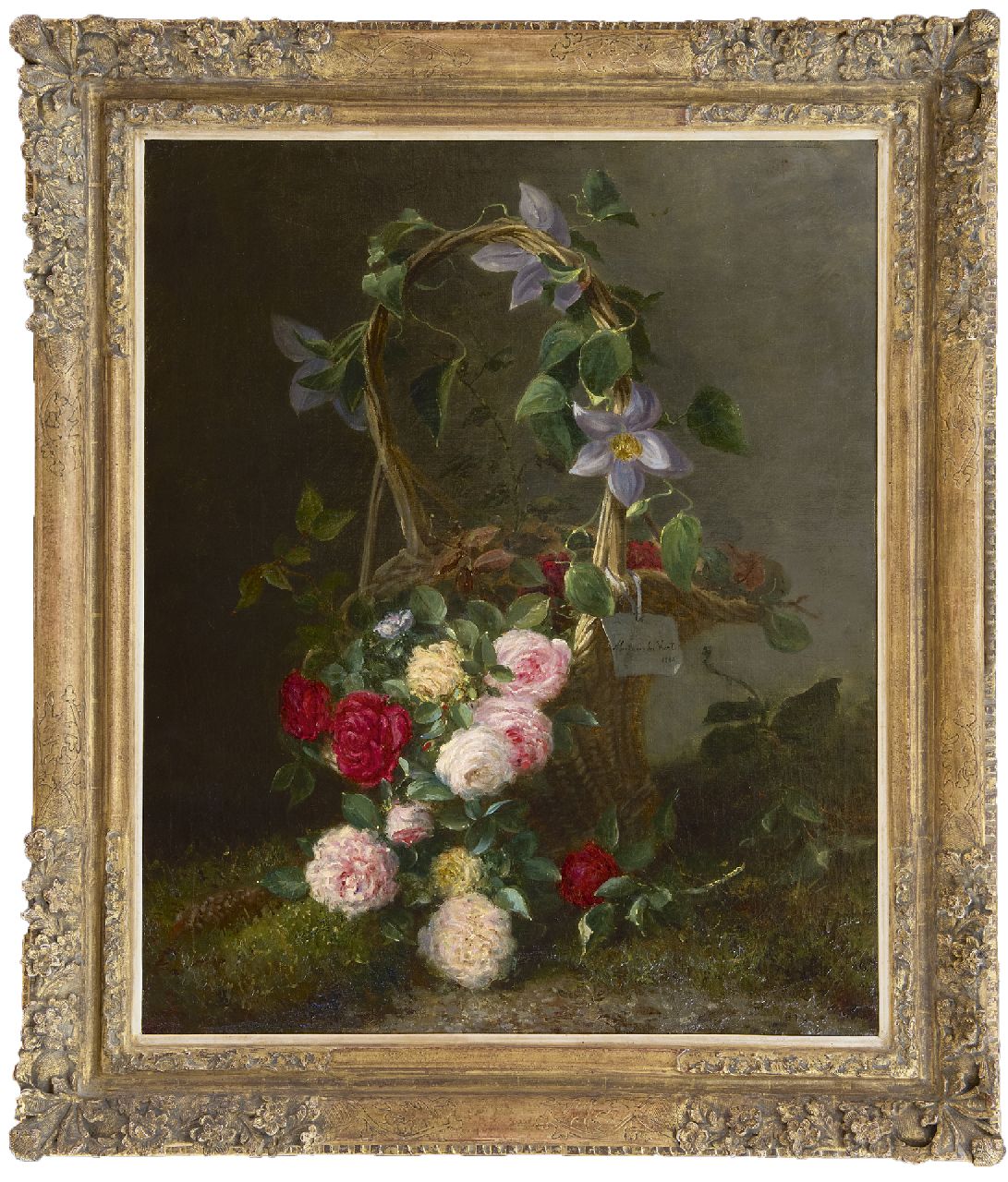 Voort in de Betouw-Nourney M. van der | Maria van der Voort in de Betouw-Nourney | Paintings offered for sale | Roses in an ornamental basket, oil on canvas 79.5 x 66.5 cm, signed c.r. on a painted label and dated 1885