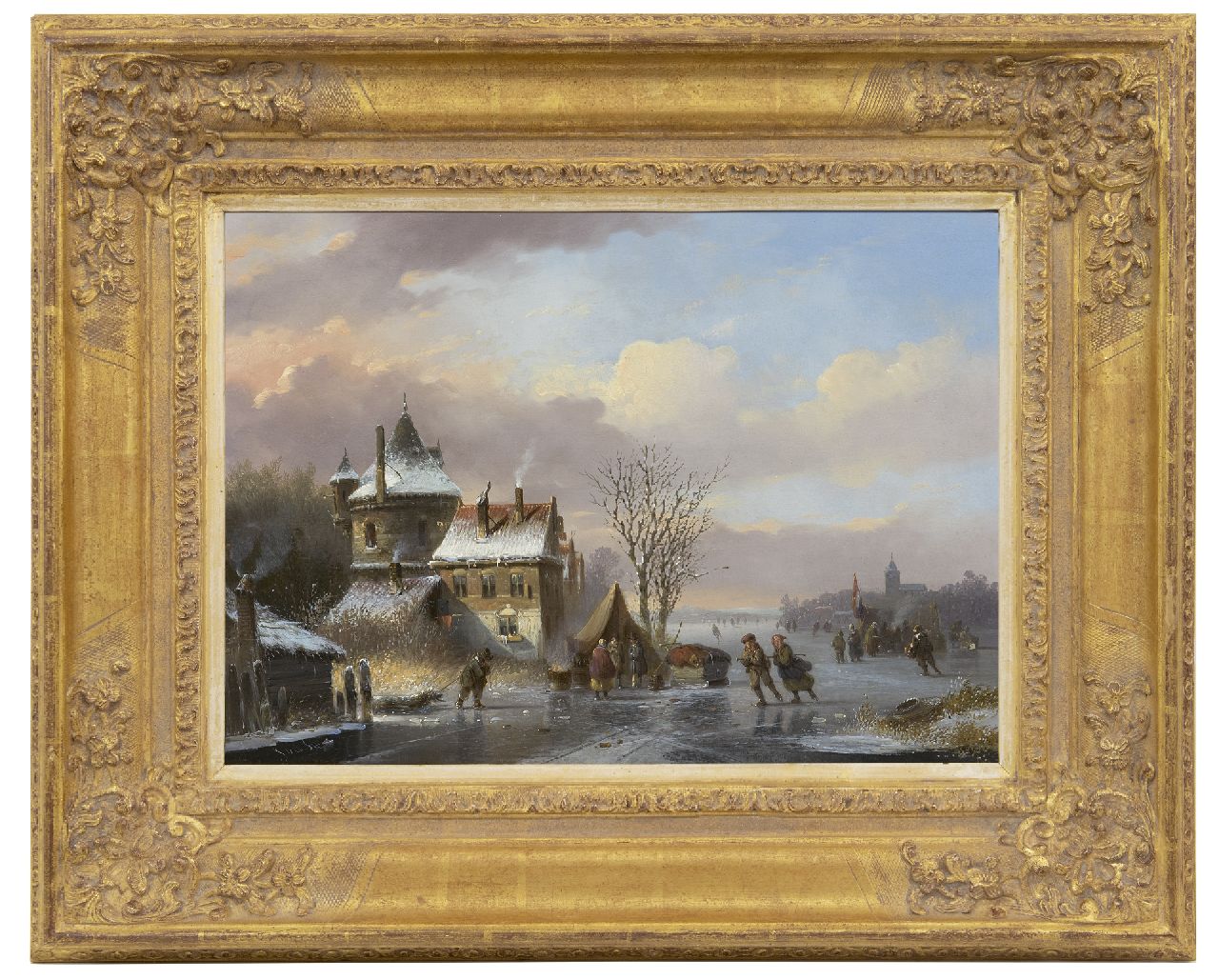 Stok J. van der | Jacobus van der Stok, A frozen canal with skaters and koek-en-zopie food stalls, oil on panel 30.7 x 43.8 cm, signed l.l.