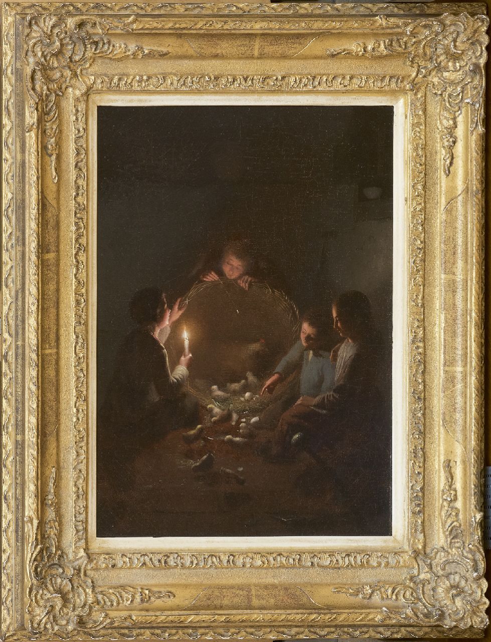 Rosierse J.  | Johannes Rosierse, A stable interior with chickens by candlelight, oil on canvas 36.0 x 27.3 cm, signed l.r.