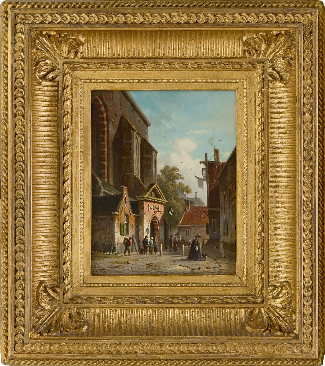 Eversen A.  | Adrianus Eversen, A view of the southern entrance of the Waalse church, Haarlem, oil on panel 19.2 x 15.2 cm, signed l.l. in full and with monogram