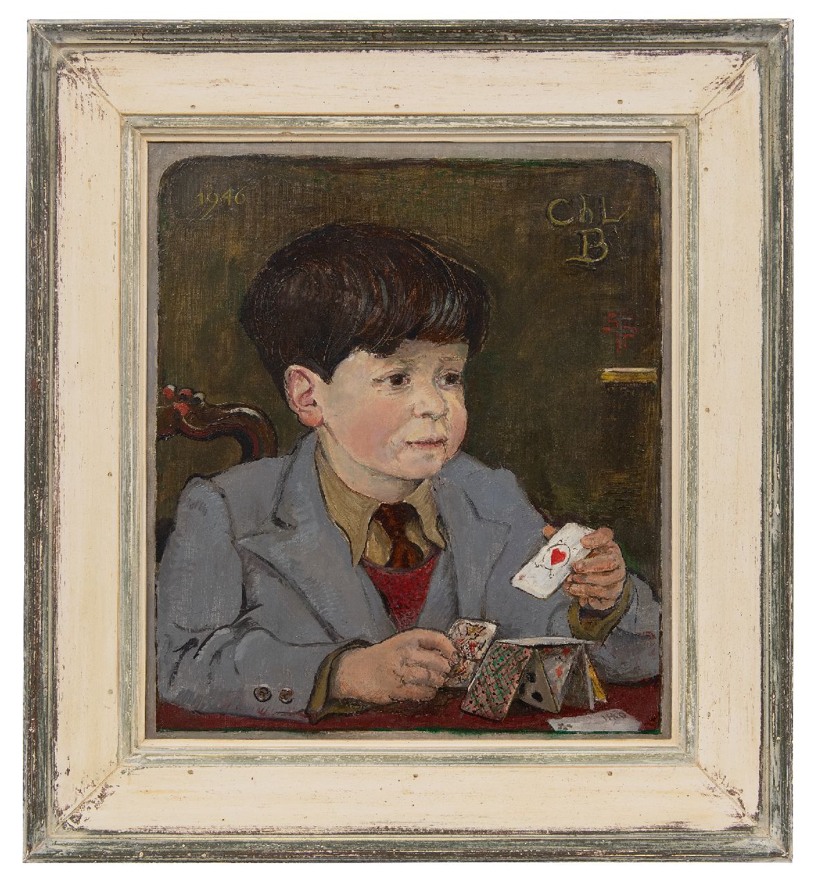 Kamerlingh Onnes H.H.  | 'Harm' Henrick Kamerlingh Onnes | Paintings offered for sale | A child with playing cards, oil on canvas 45.8 x 40.6 cm, signed l.r. with monogram and dated 1946