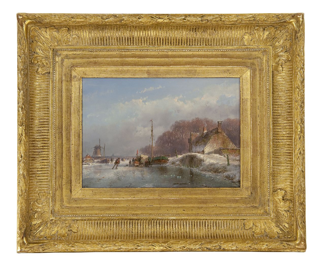 Schelfhout A.  | Andreas Schelfhout, A winter landscape with a koek-en-zopie, oil on panel 17.0 x 24.1 cm, signed l.r. and painted circa 1860