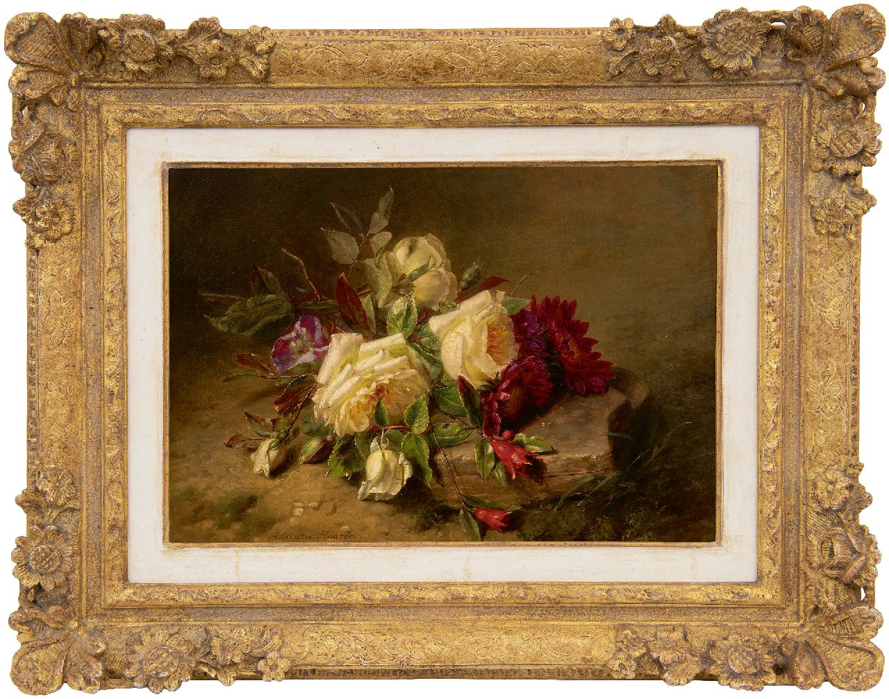 Haanen A.J.  | 'Adriana' Johanna Haanen | Paintings offered for sale | Roses and chrysanthemums on the forest soil, oil on panel 25.5 x 36.0 cm, signed l.l.