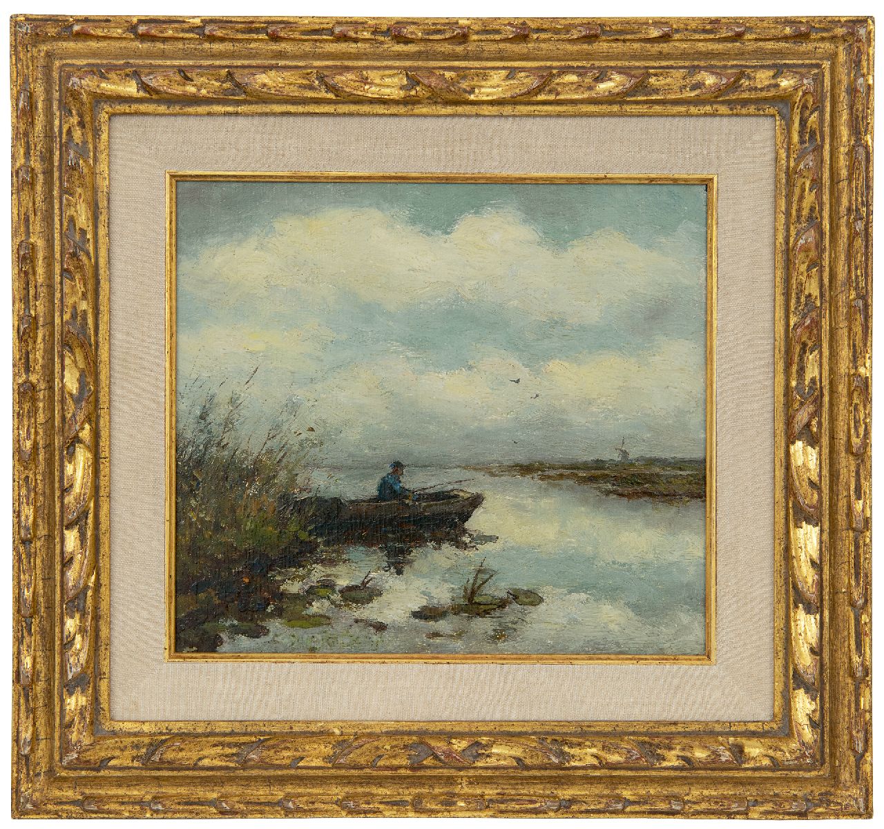 Weissenbruch H.J.  | Hendrik Johannes 'J.H.' Weissenbruch, A fisherman in a barge in a polder landscape, oil on panel 16.2 x 18.2 cm, signed traces of signature c.l.