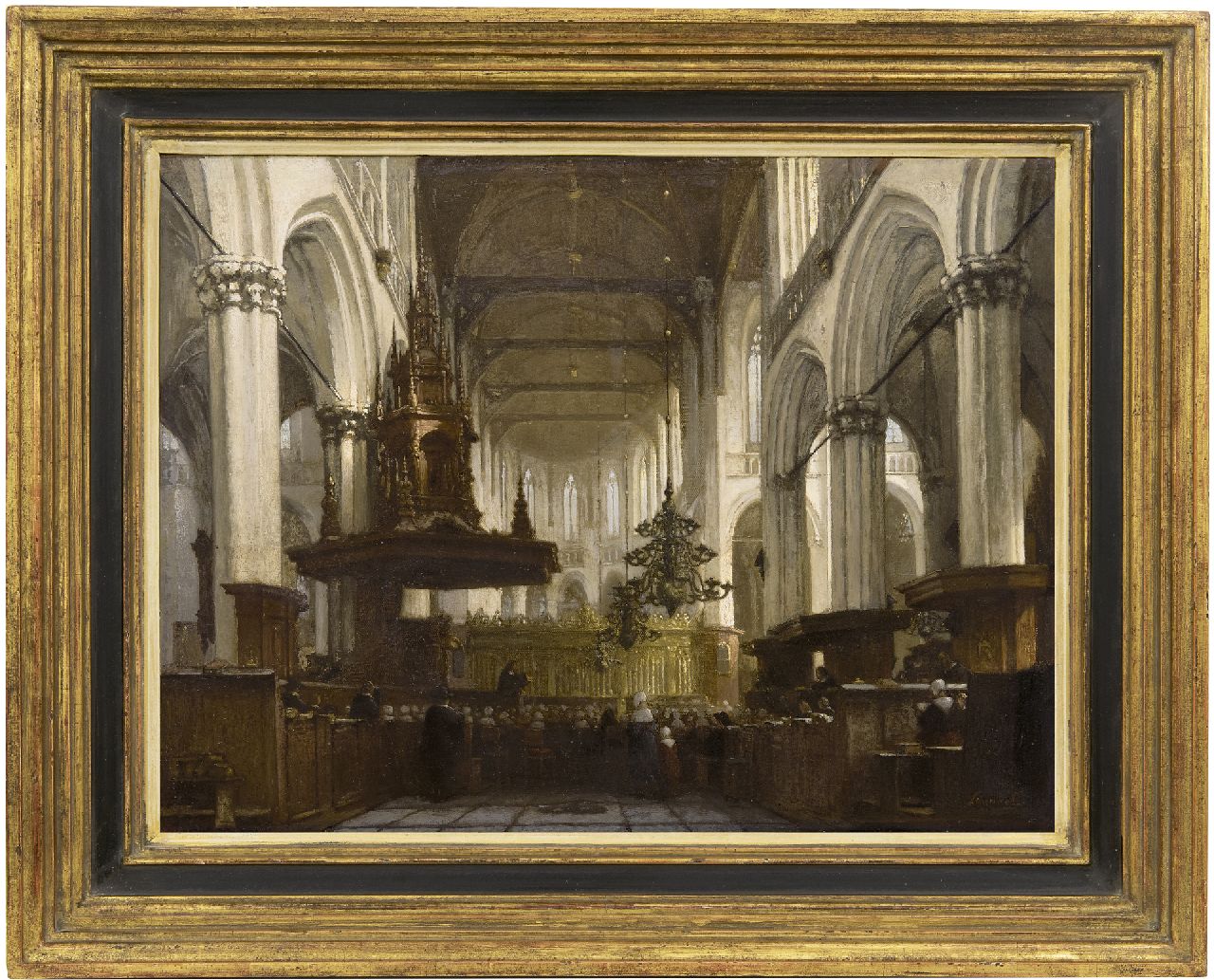 Schenkel J.J.  | Jan Jacob Schenkel, Worship service in the Nieuwe Kerk in Amsterdam, oil on canvas 45.8 x 59.0 cm, signed l.r.
