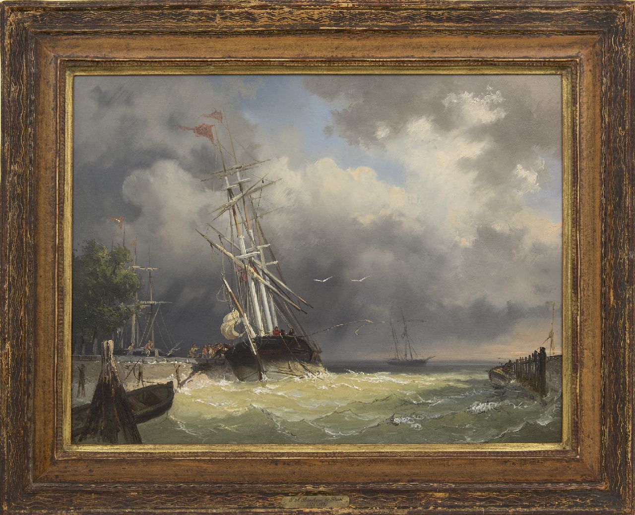 Breuhaus de Groot F.A.  | Frans Arnold Breuhaus de Groot | Paintings offered for sale | A threemaster entering the harbour in a storm, oil on panel 44.4 x 59.5 cm