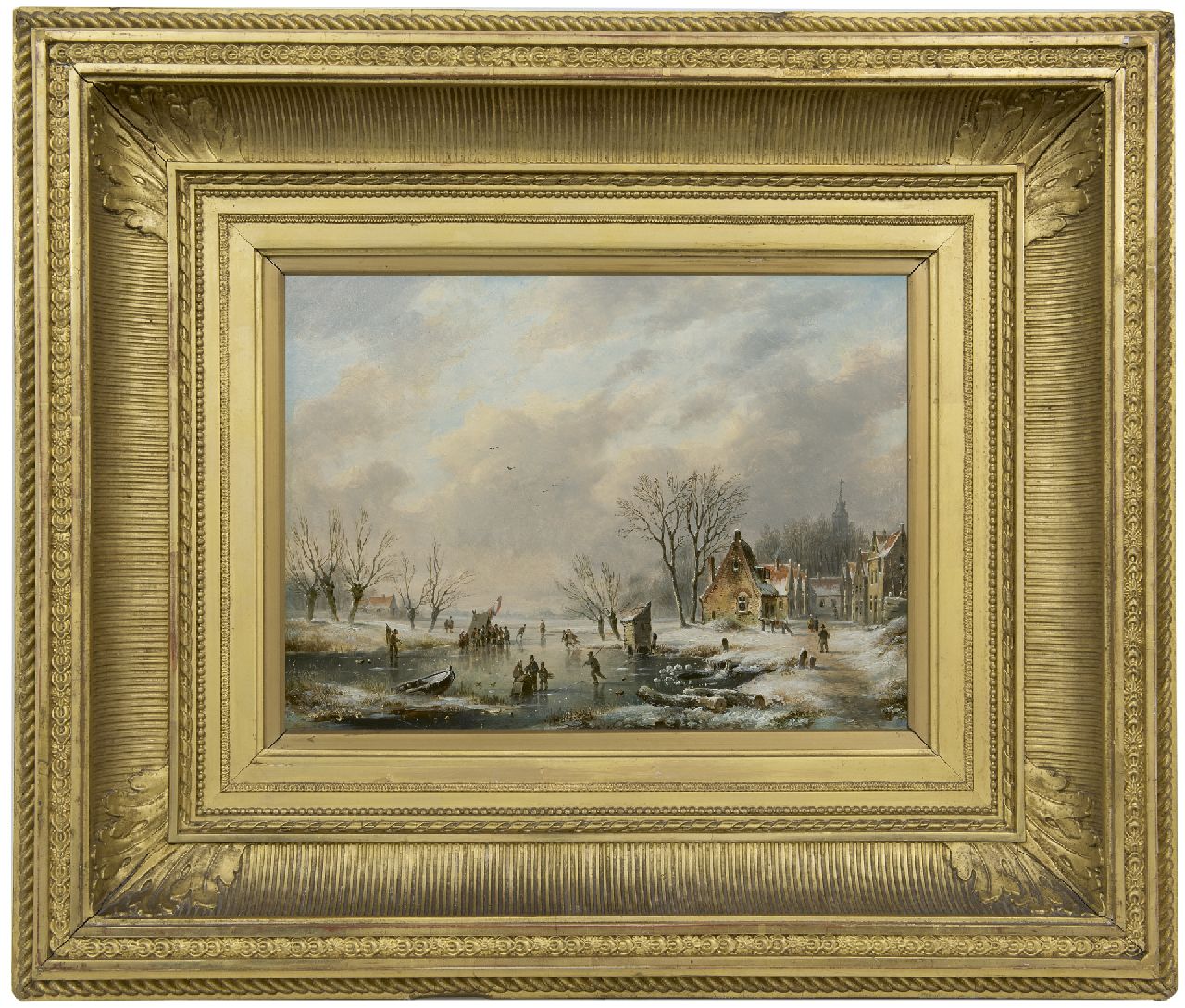Hendriks G.  | Gerardus 'George Henry' Hendriks, Skating fun by a snowy village, oil on panel 26.0 x 35.1 cm