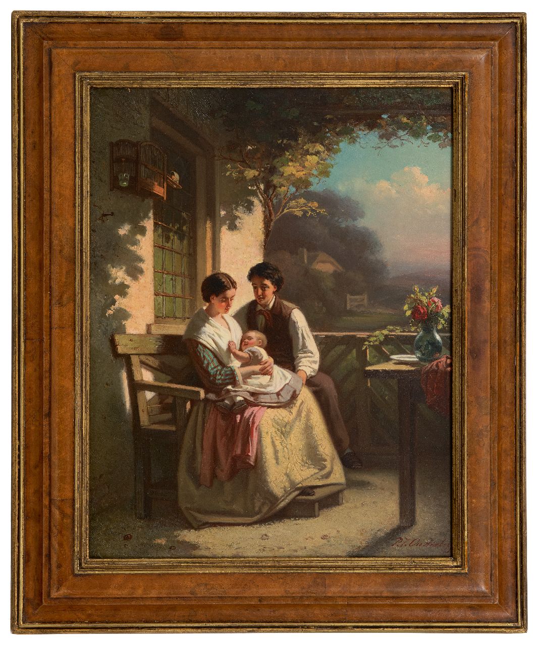 Onderberg P.J.  | Pieter Jan Onderberg | Paintings offered for sale | A young family on a porch, oil on panel 42.0 x 33.1 cm, signed l.r.