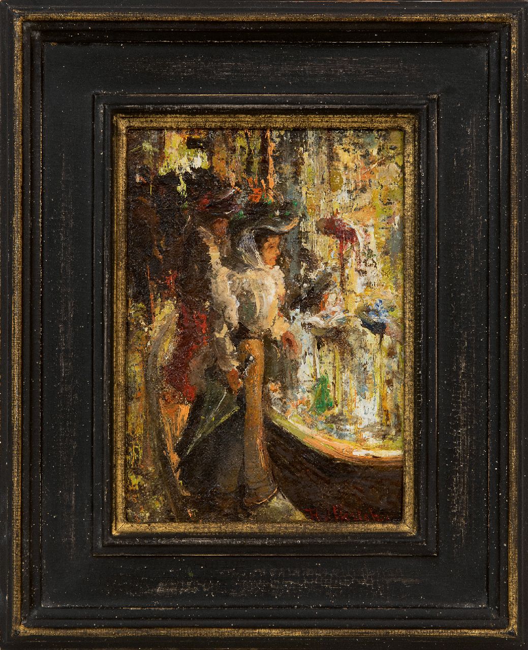 Helfferich F.W.  | Franciscus Willem 'Frans' Helfferich | Paintings offered for sale | Windowshopping at the hat shop, oil on canvas laid down on panel 16.1 x 12.1 cm, signed l.r.