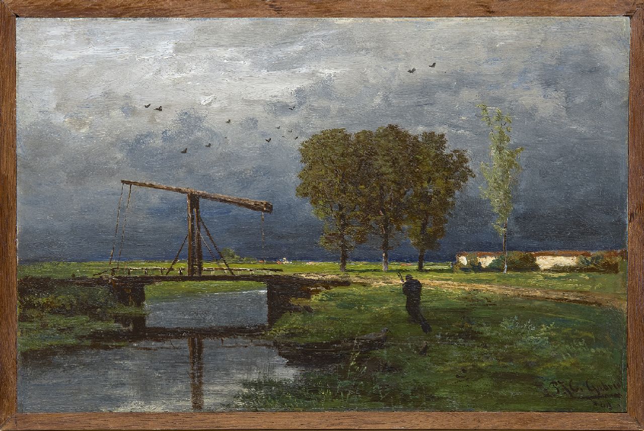 Gabriel P.J.C.  | Paul Joseph Constantin 'Constan(t)' Gabriel, Landscape with drawbridge on a rainy day, oil on panel 21.1 x 31.4 cm, signed l.r. and dated '69