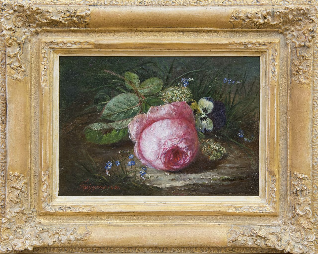 Huygens F.J.  | 'François' Joseph Huygens | Paintings offered for sale | A rose and wild flowers on the forest soil, oil on panel 18.9 x 26.1 cm, signed l.l. and dated 1861