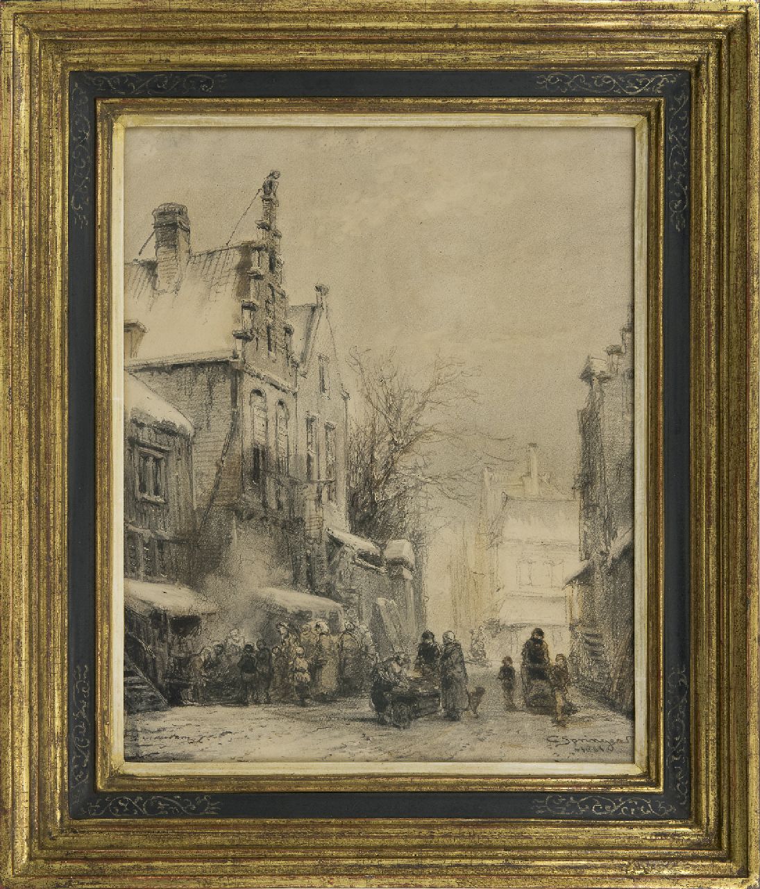 Springer C.  | Cornelis Springer, A Dutch town view in winter, charcoal on paper 50.5 x 40.0 cm, signed l.r. and dated 1861