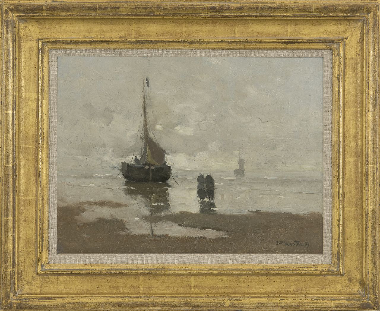 Munthe G.A.L.  | Gerhard Arij Ludwig 'Morgenstjerne' Munthe, Beach with fishing boat, oil on canvas 32.0 x 40.0 cm, signed l.r. and dated '19