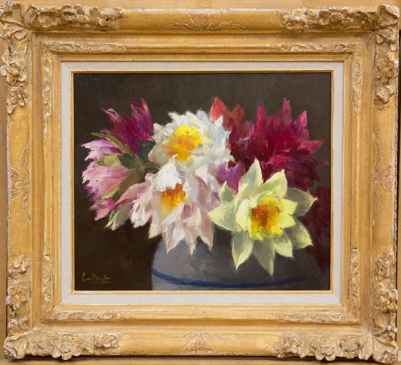 Windt Ch. van der | Christophe 'Chris' van der Windt | Paintings offered for sale | Dahlias, oil on panel 29.5 x 34.8 cm, signed l.l.