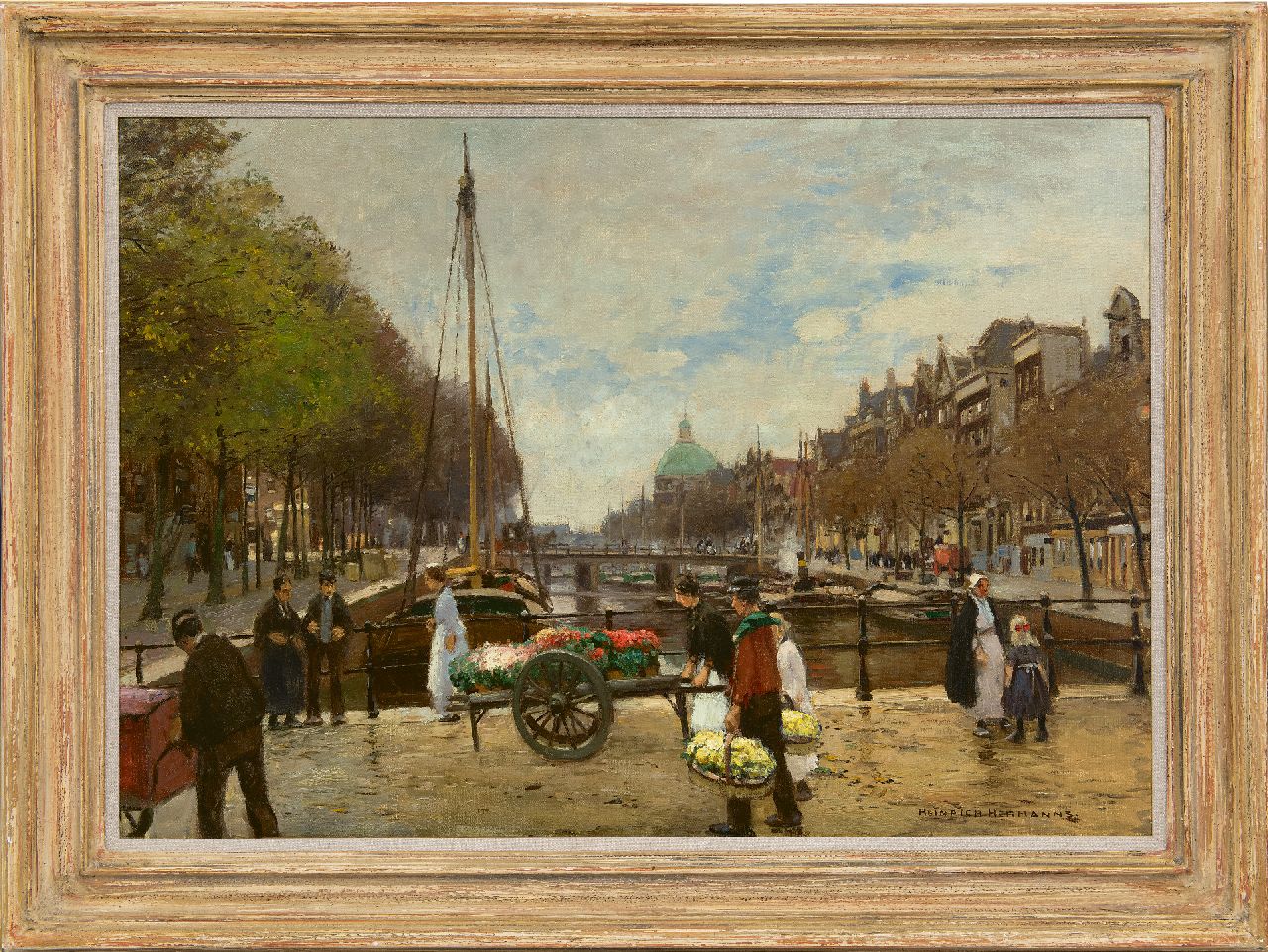Hermanns H.  | Heinrich Hermanns | Paintings offered for sale | Flower sellers on the Lijnbaansbrug, Amsterdam, oil on canvas 63.9 x 89.5 cm, signed l.r.