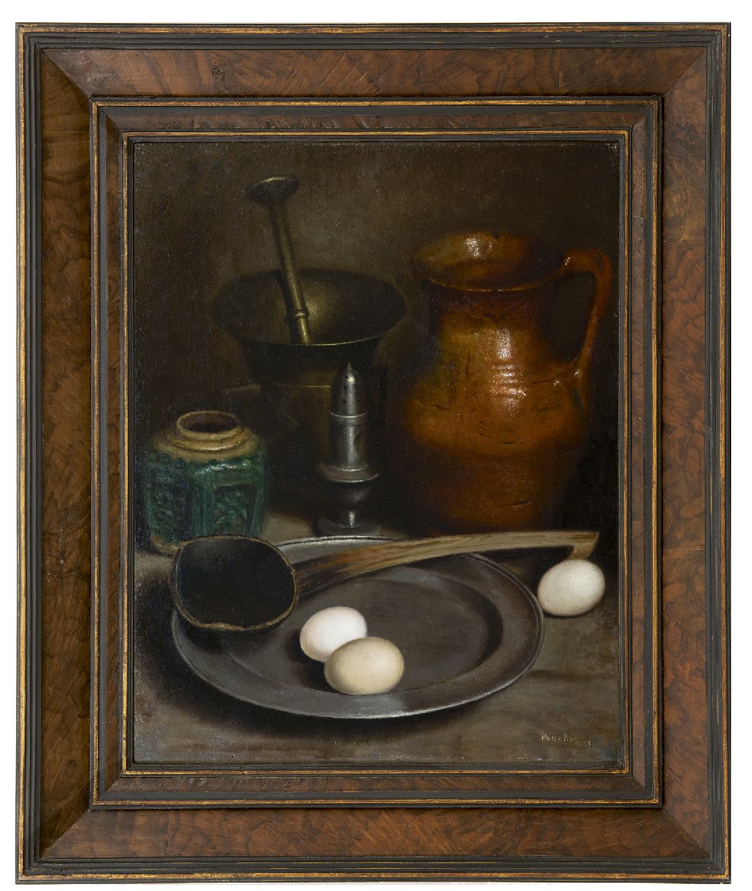 Bos H.  | Hendrik 'Henk' Bos, A still life with pewter and earthenware, oil on canvas 51.8 x 41.0 cm, signed l.r. and dated '45
