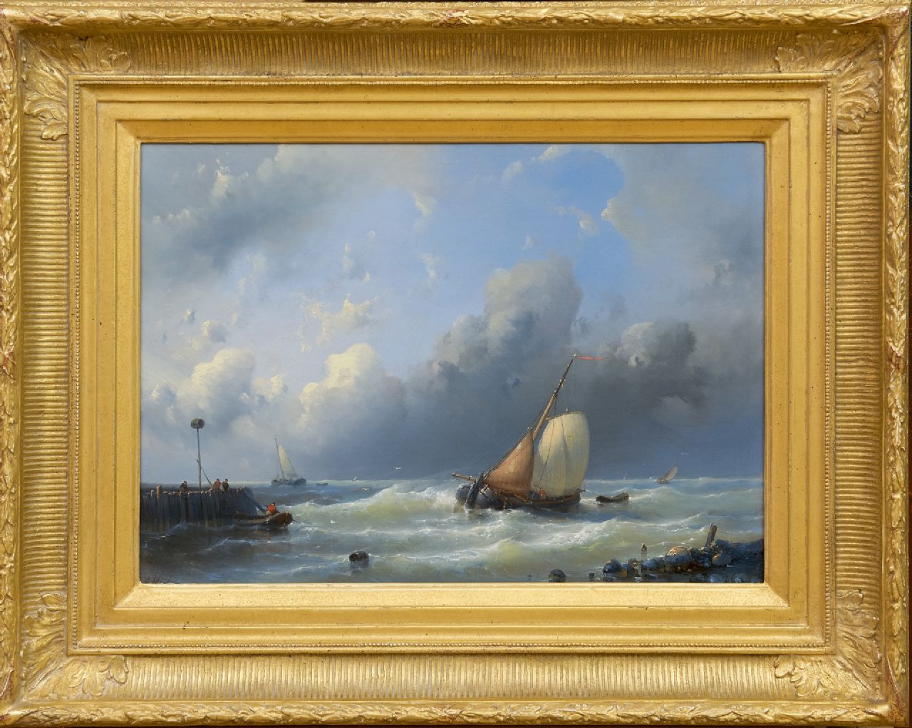 Hulk A.  | Abraham Hulk | Paintings offered for sale | A sailing cargo ship near the harbour entrance, oil on panel 31.9 x 44.1 cm, signed l.l.