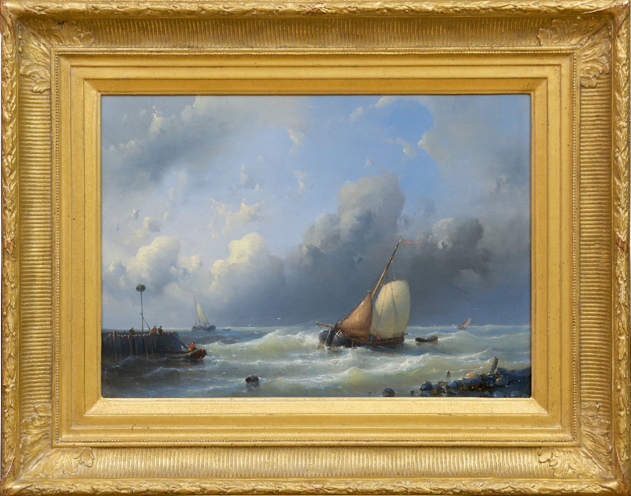 Hulk A.  | Abraham Hulk | Paintings offered for sale | A sailing cargo ship near the harbour entrance, oil on panel 31.9 x 44.1 cm, signed l.l.