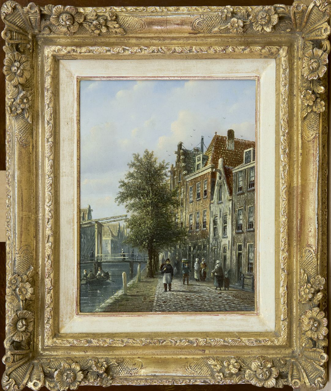 Spohler J.F.  | Johannes Franciscus Spohler, A sunlit canal with a drawbridge, oil on panel 20.4 x 16.0 cm, signed l.r.