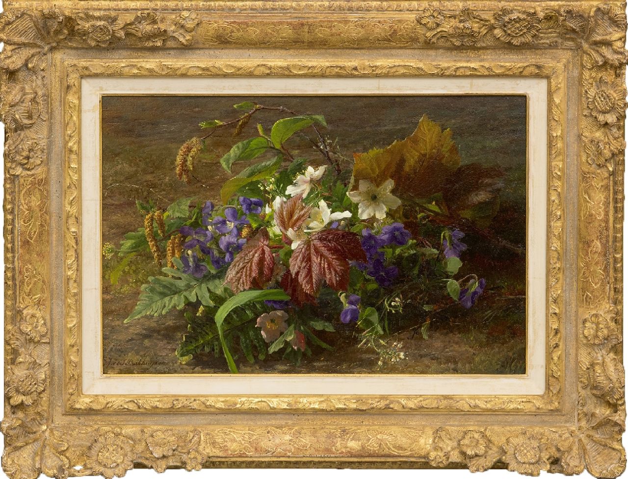 Sande Bakhuyzen G.J. van de | 'Gerardine' Jacoba van de Sande Bakhuyzen, An autumn bouquet with violets on a forest floor, oil on panel 24.8 x 36.6 cm, signed l.l.