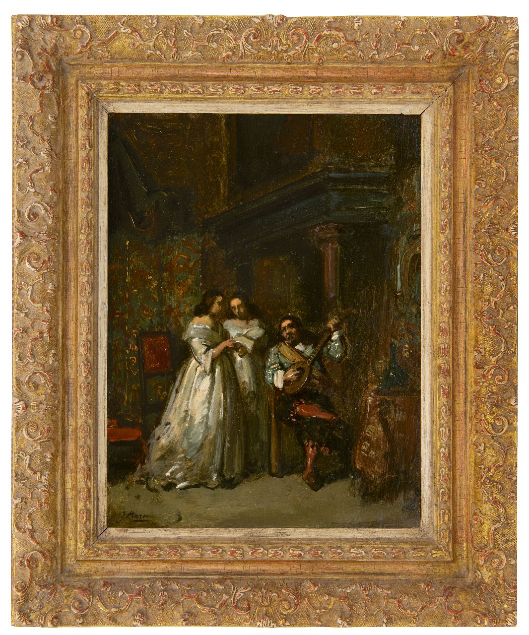 Maris J.H.  | Jacobus Hendricus 'Jacob' Maris | Paintings offered for sale | Romance, oil on paper laid down on panel 30.3 x 23.1 cm, signed l.l. and painted ca. 1854-1855