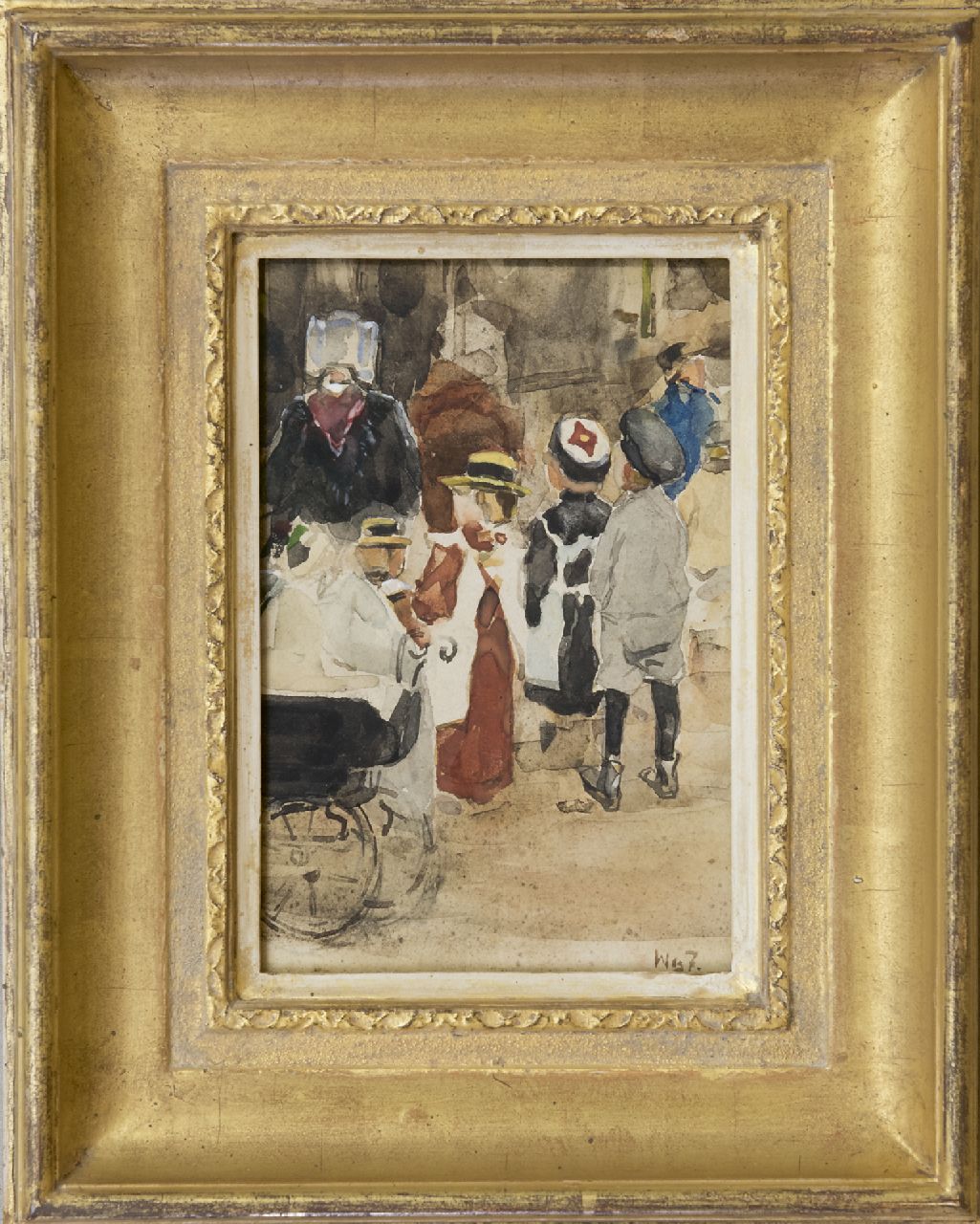 Zwart W.H.P.J. de | Wilhelmus Hendrikus Petrus Johannes 'Willem' de Zwart | Watercolours and drawings offered for sale | Nanny with children and stroller, watercolour on paper 19.1 x 12.8 cm, signed l.r. with initials and painted ca. 1931