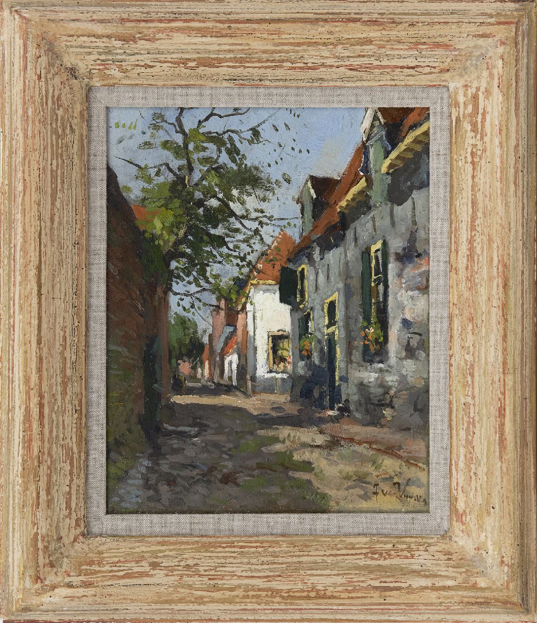 Vuuren J. van | Jan van Vuuren, A sunny street in Elburg, oil on canvas 24.6 x 19.7 cm, signed l.r.