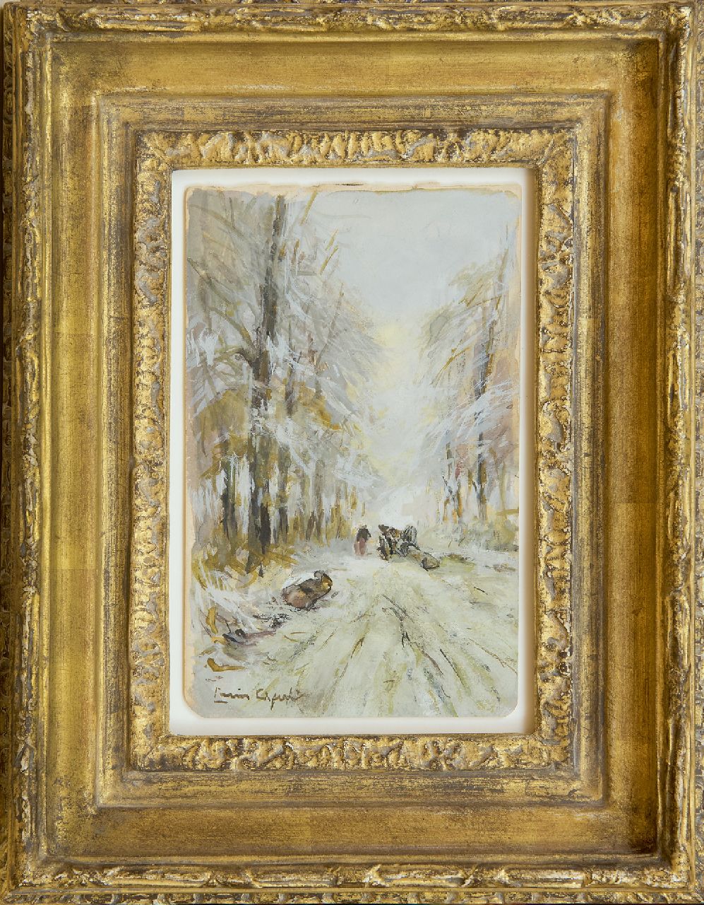Apol L.F.H.  | Lodewijk Franciscus Hendrik 'Louis' Apol, Mallejan on a snowy forest path, gouache on paper 16.9 x 10.5 cm, signed l.l.