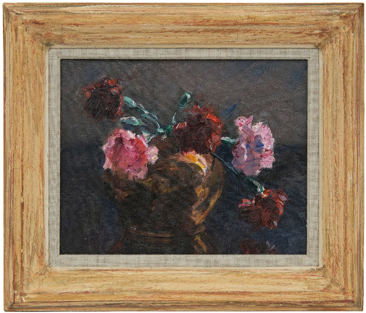 Tonge L.L. van der | 'Lammert' Leire van der Tonge | Paintings offered for sale | Carnations, oil on canvas laid down on panel 23.6 x 28.9 cm