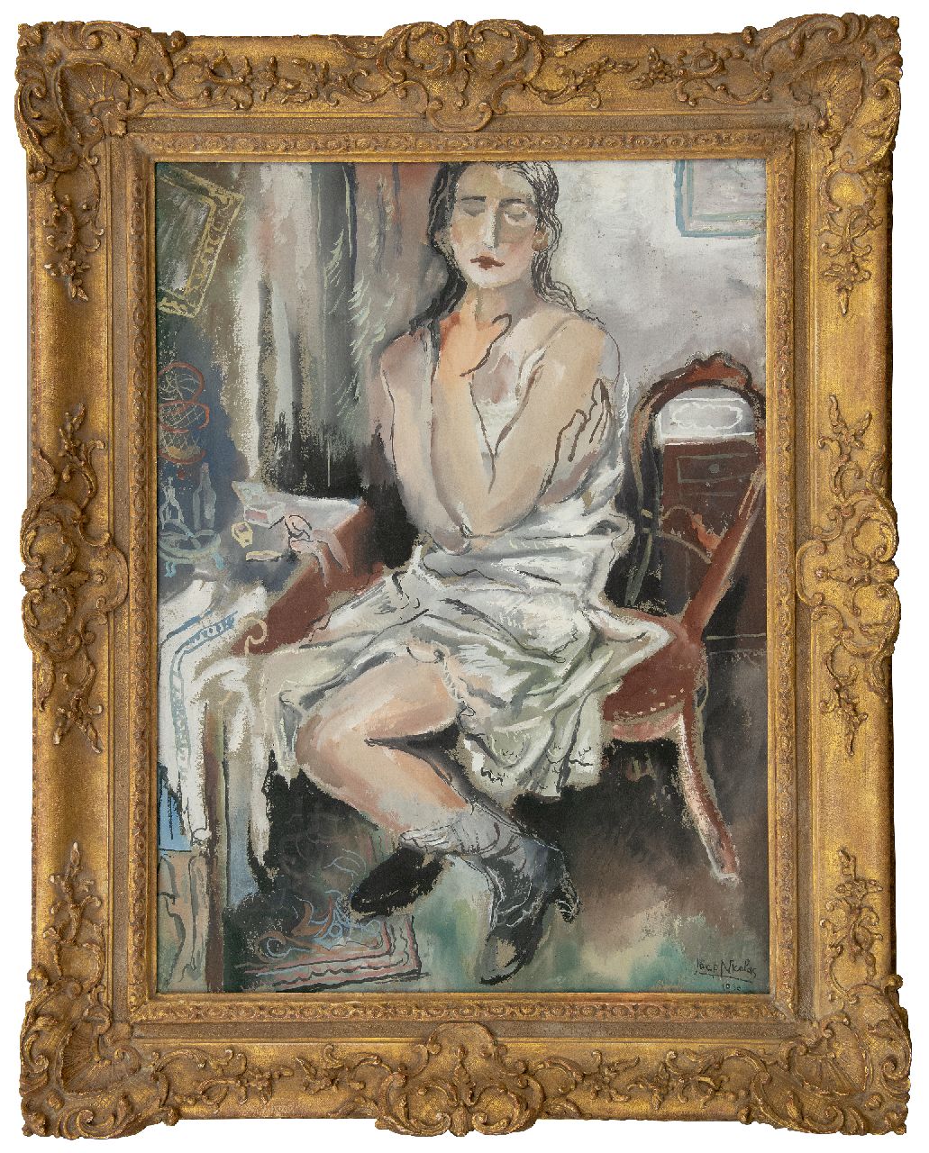 Nicolas J.A.H.F.  | Josephus Antonius Hubertus Franciscus 'Joep' Nicolas | Watercolours and drawings offered for sale | Seated woman, gouache on paper laid down on board 77.5 x 57.3 cm, signed l.r. and dated 1930