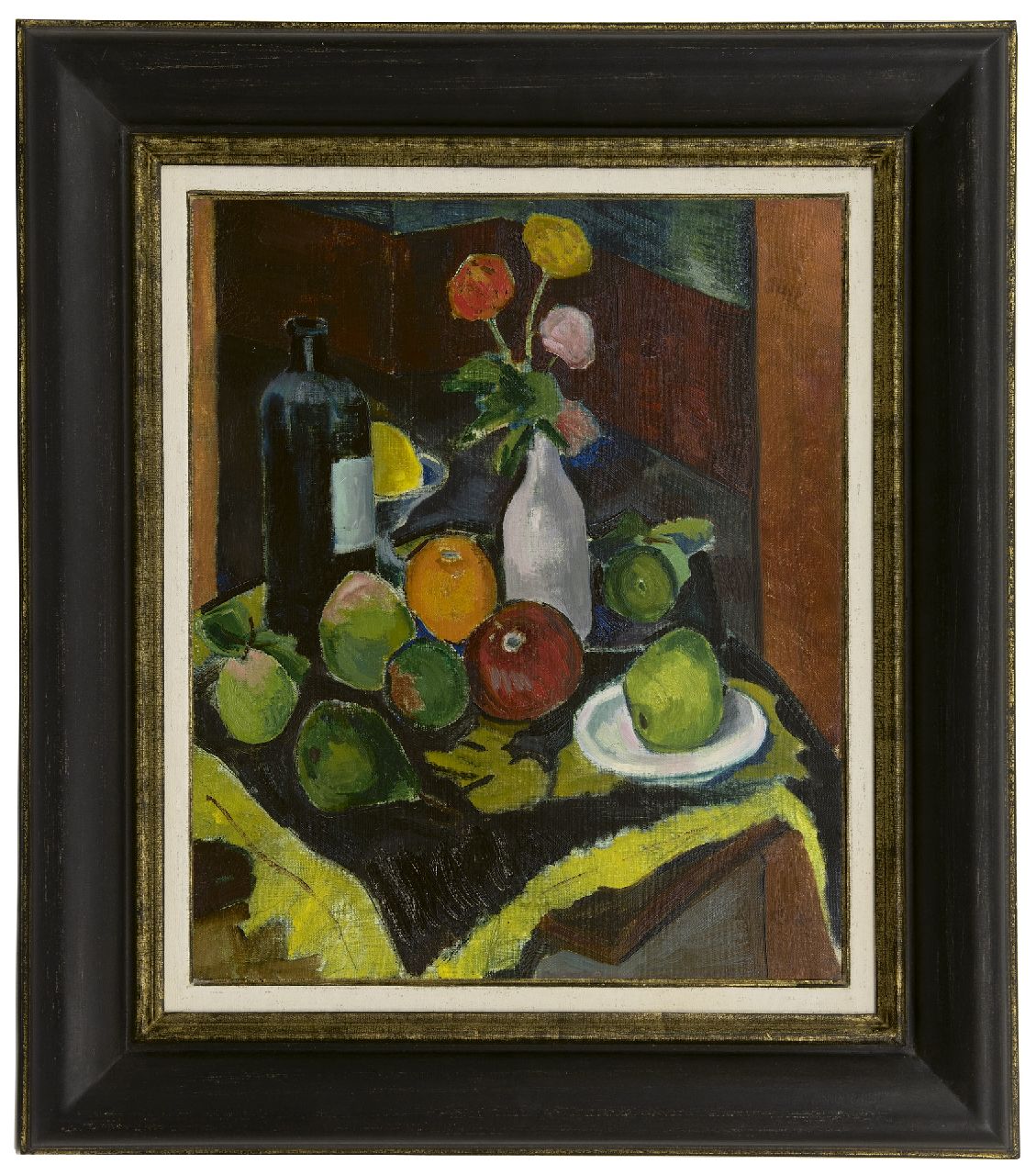 Schelfhout L.  | Lodewijk Schelfhout, A still life with fruit, flowers and a bottle, oil on canvas 55.5 x 46.0 cm, signed l.r. and dated 1908