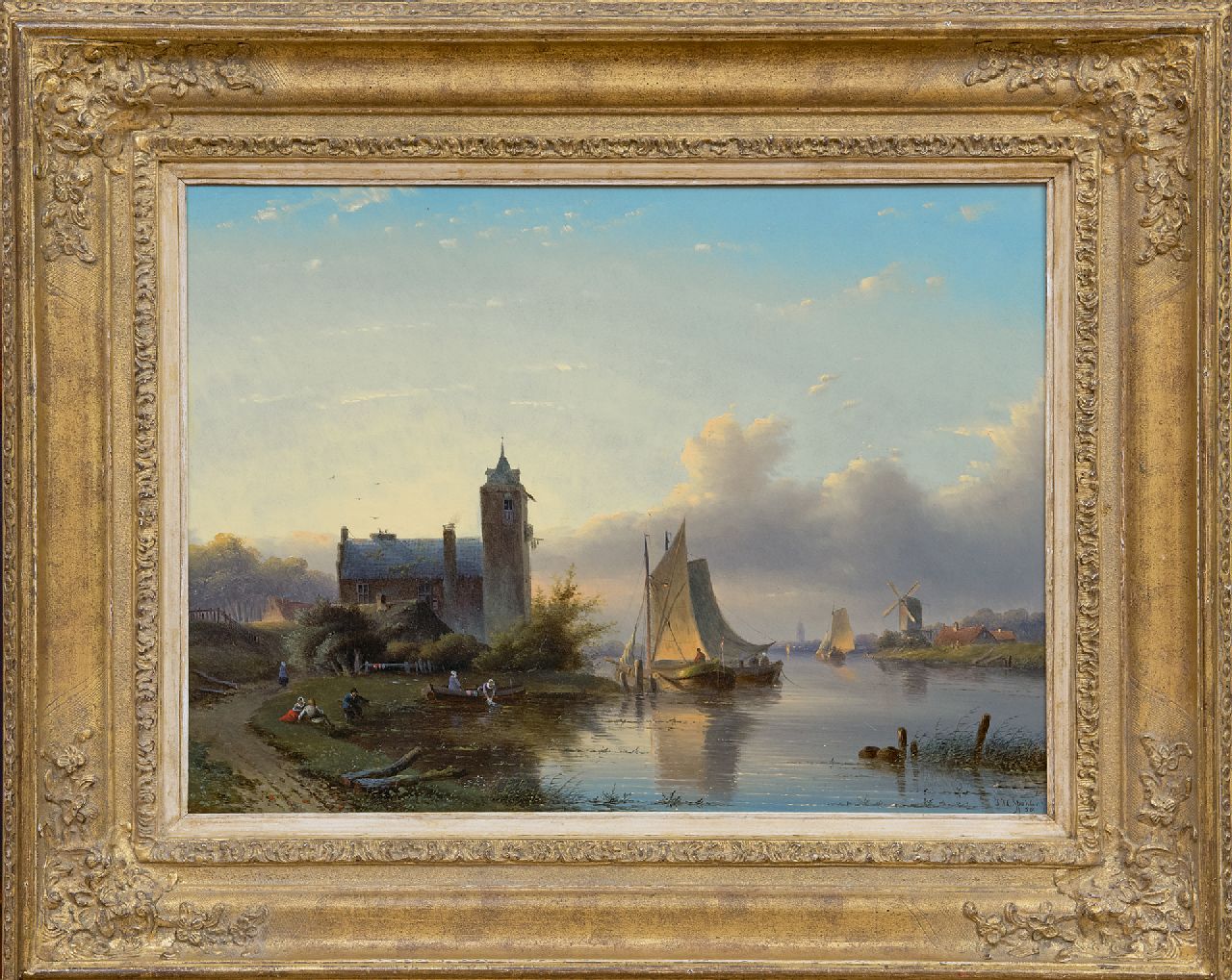 Spohler J.J.C.  | Jacob Jan Coenraad Spohler, A river landscape with sailing ships, oil on panel 38.7 x 52.4 cm, signed l.r. and dated '58