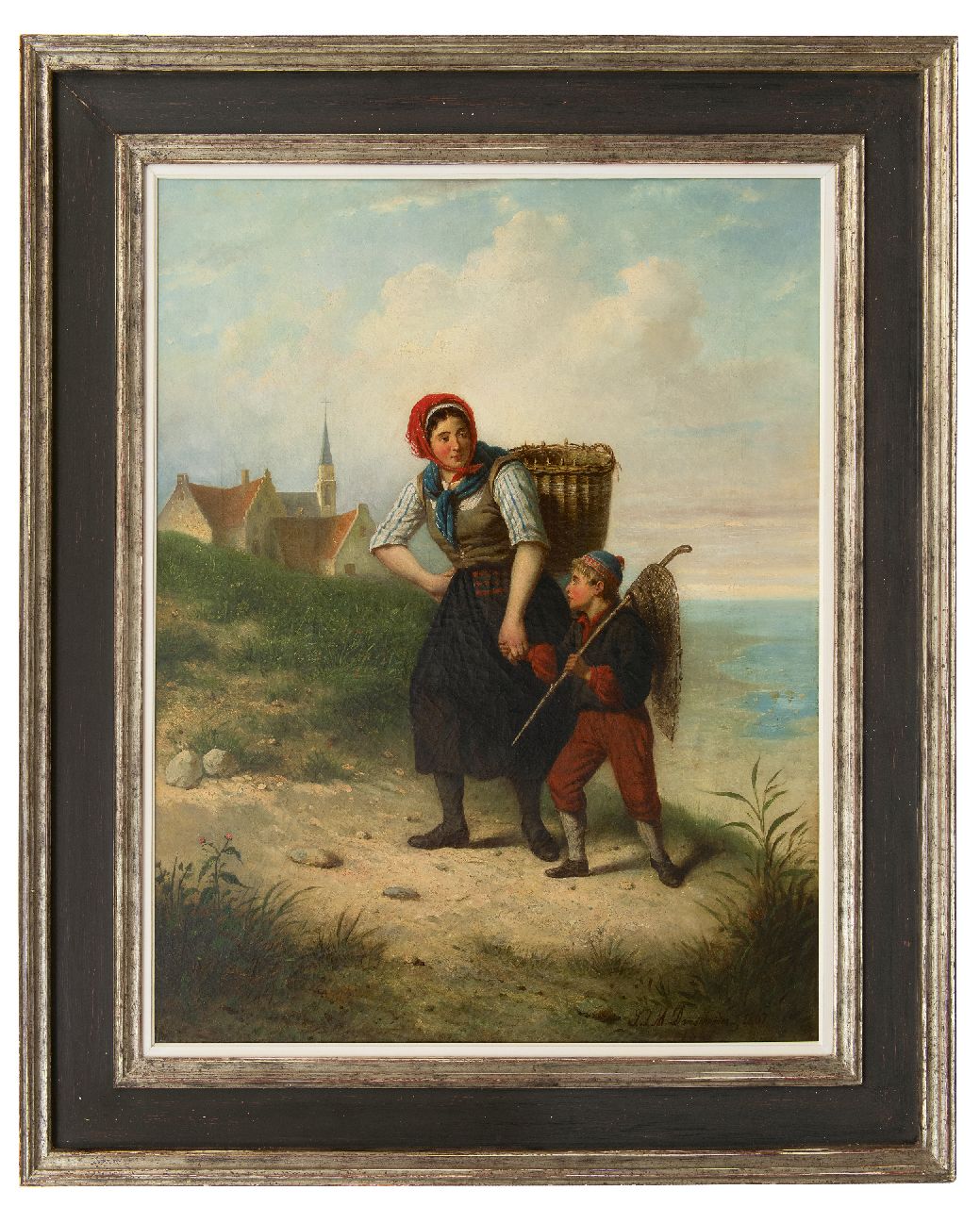 Damschreuder J.J.M.  | Jan Jacobus Matthijs Damschreuder, A fisherman's wife with her child in the dunes, oil on canvas 93.6 x 71.1 cm, signed l.r. and dated 1867