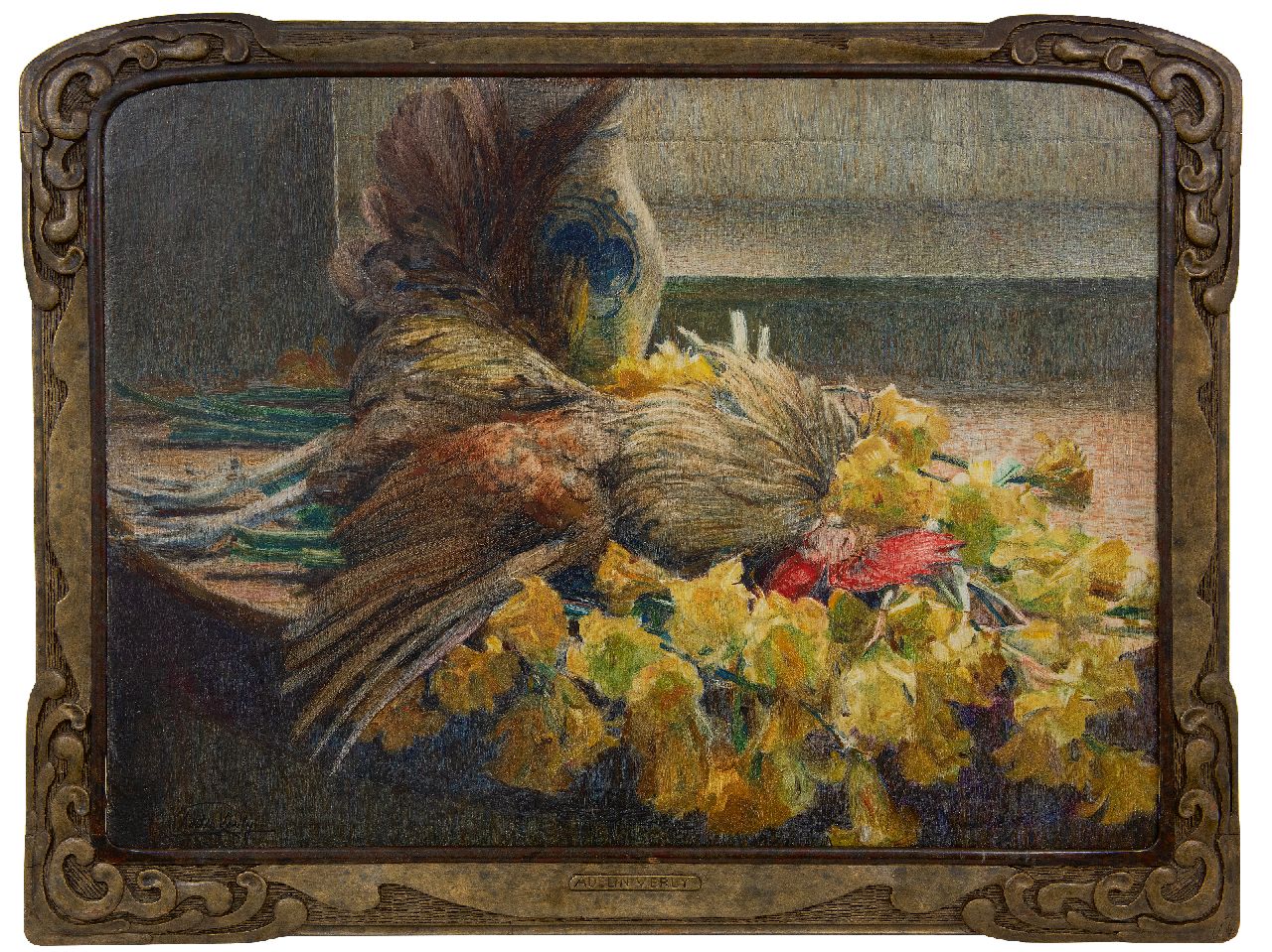 Verly A.  | Adelin Verly | Paintings offered for sale | A still life with flowers and poultry, oil on canvas 54.8 x 73.7 cm, signed l.l.