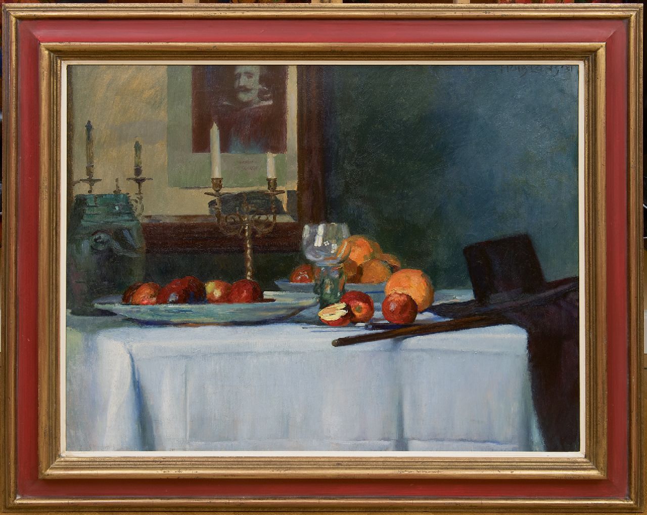 Luns H.M.  | Hubert Marie 'Huib' Luns, A still life with a roemer, fruit and ornamental candlesticks, oil on canvas 79.1 x 97.9 cm, signed u.r. and dated '31