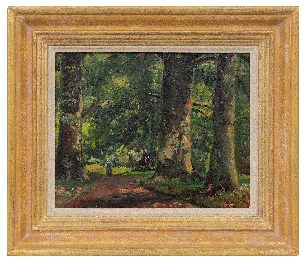 Vuuren J. van | Jan van Vuuren | Paintings offered for sale | Walking woman in the woods, oil on canvas laid down on panel 24.0 x 30.0 cm, gesigneerd rechtsonder