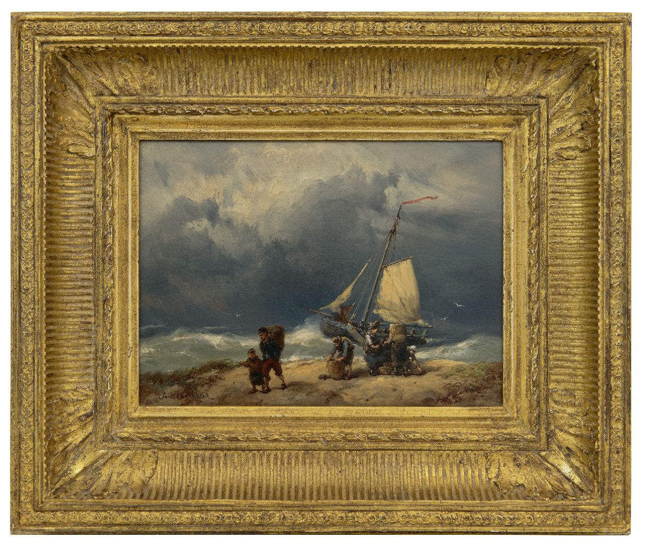Koekkoek J.H.B.  | Johannes Hermanus Barend 'Jan H.B.' Koekkoek | Paintings offered for sale | Fisherfolk on a windswept beach, oil on panel 17.2 x 23.4 cm, signed l.l.