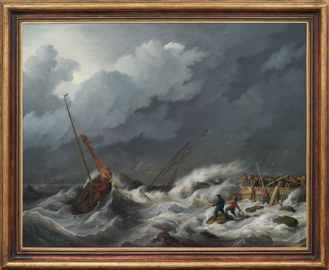 Baur N.  | Nicolaas Baur | Paintings offered for sale | Sailing ships entering a harbout in a heavy storm, oil on canvas 97.2 x 123.3 cm, ca. 1810