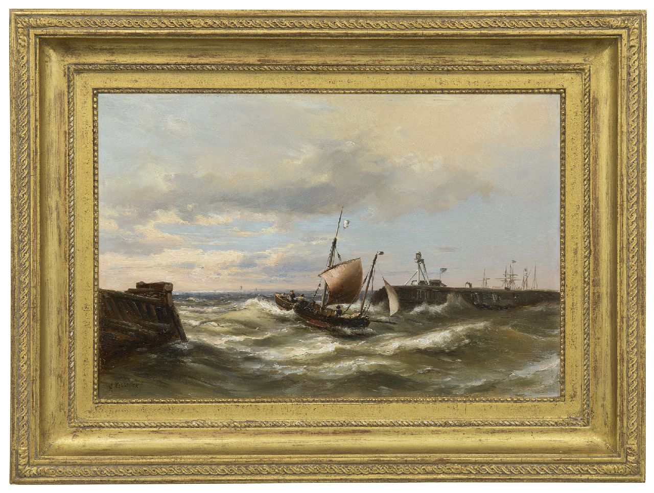 Koekkoek jr. H.  | Hermanus Koekkoek jr., Entering the harbour with a strong breeze, oil on panel 30.3 x 45.7 cm, signed l.l.