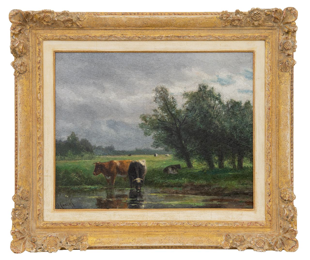 Savrij H.  | Hendrik Savrij, A polder landscape with drinking cattle, oil on canvas 37.0 x 47.2 cm, signed l.l.