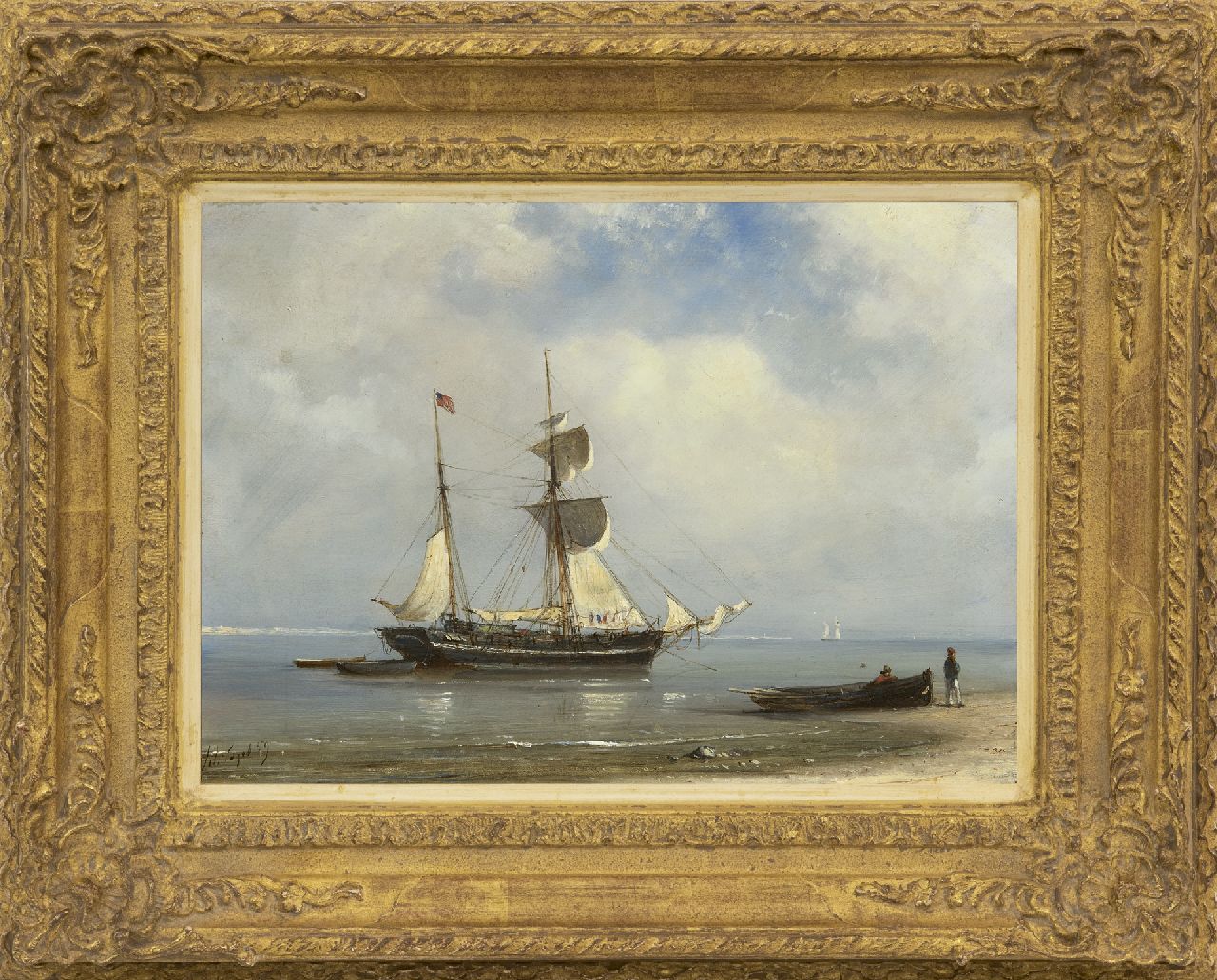 Schiedges P.P.  | Petrus Paulus Schiedges | Paintings offered for sale | A sailing ship achored in a calm sea, oil on panel 24.6 x 34.1 cm, signed l.l. and dated '59