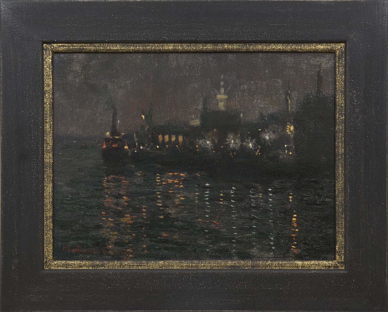 Waning G.M.W.F. van | Gijsbertus Martinus Wilhelmus Franciscus 'Martin' van Waning | Paintings offered for sale | Harbour at night, oil on canvas 30.2 x 40.3 cm, signed l.l.