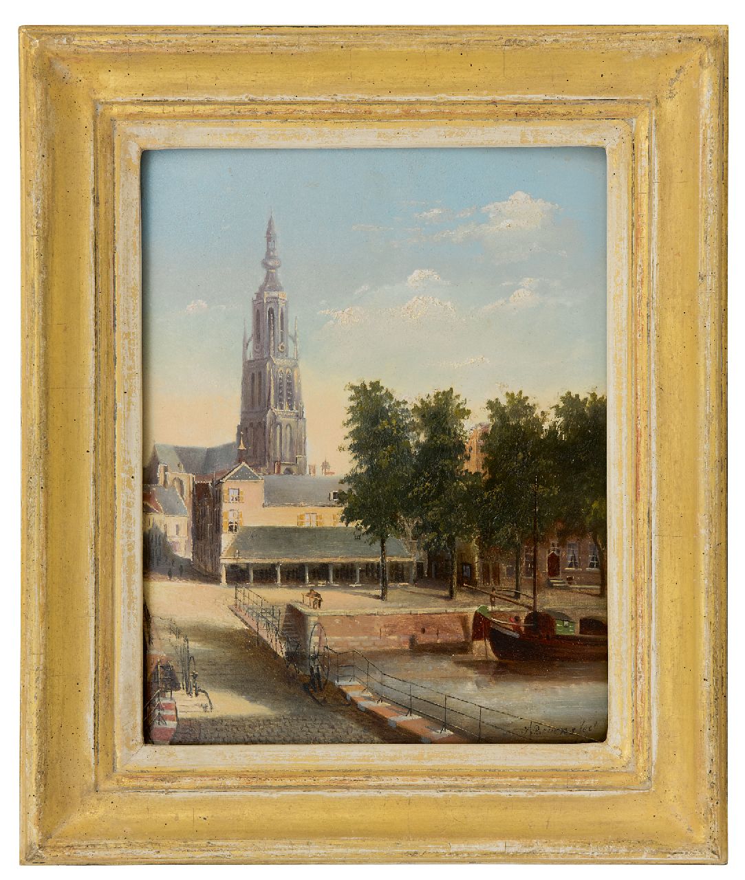 Beyens J.  | J. Beyens | Paintings offered for sale | A view of the Hoge bridge, fish market and the Grote Kerk in Breda, oil on panel 22.9 x 18.0 cm, signed l.r. and dated 1882