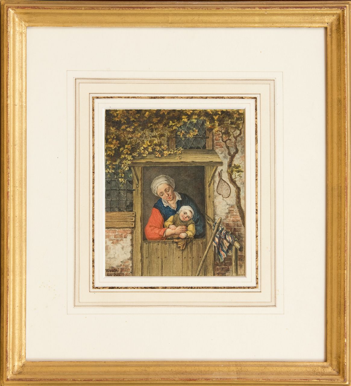 Wolff B.  | Benjamin Wolff | Watercolours and drawings offered for sale | A farmer's wife with her child in a doorway, watercolour on paper 14.2 x 12.3 cm, signed l.l. and dated 1793