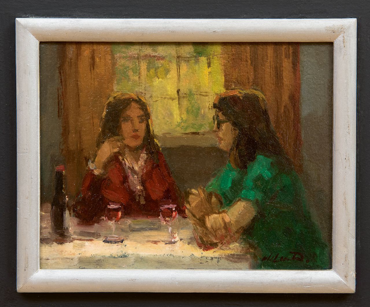 Dinther W.P.M. van | Wilhelmus Petrus Marie 'Wil' van Dinther | Paintings offered for sale | Sharing confidences, oil on board 14.9 x 18.8 cm, signed l.r. and on the reverse