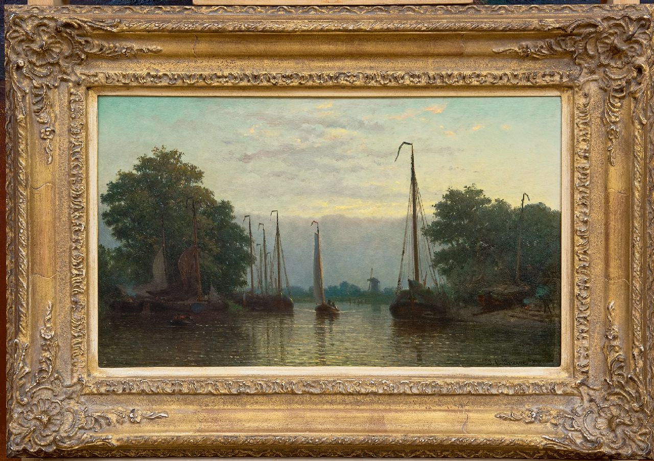 Greive J.C.  | Johan Conrad 'Coen' Greive | Paintings offered for sale | A smal shipyard river along the river at dusk, oil on panel 25.5 x 42.5 cm, signed l.r.