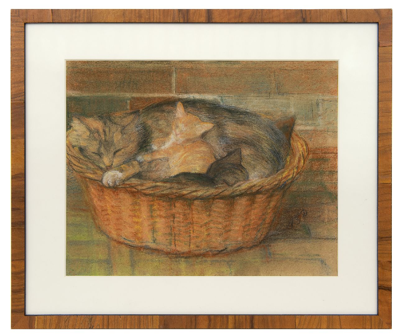 Dyserinck A.G.  | Adrienne Gertrude 'Attie' Dyserinck, Sleeping cat and kittens in a basket, pastel on paper 31.9 x 40.0 cm, signed l.r. with initials