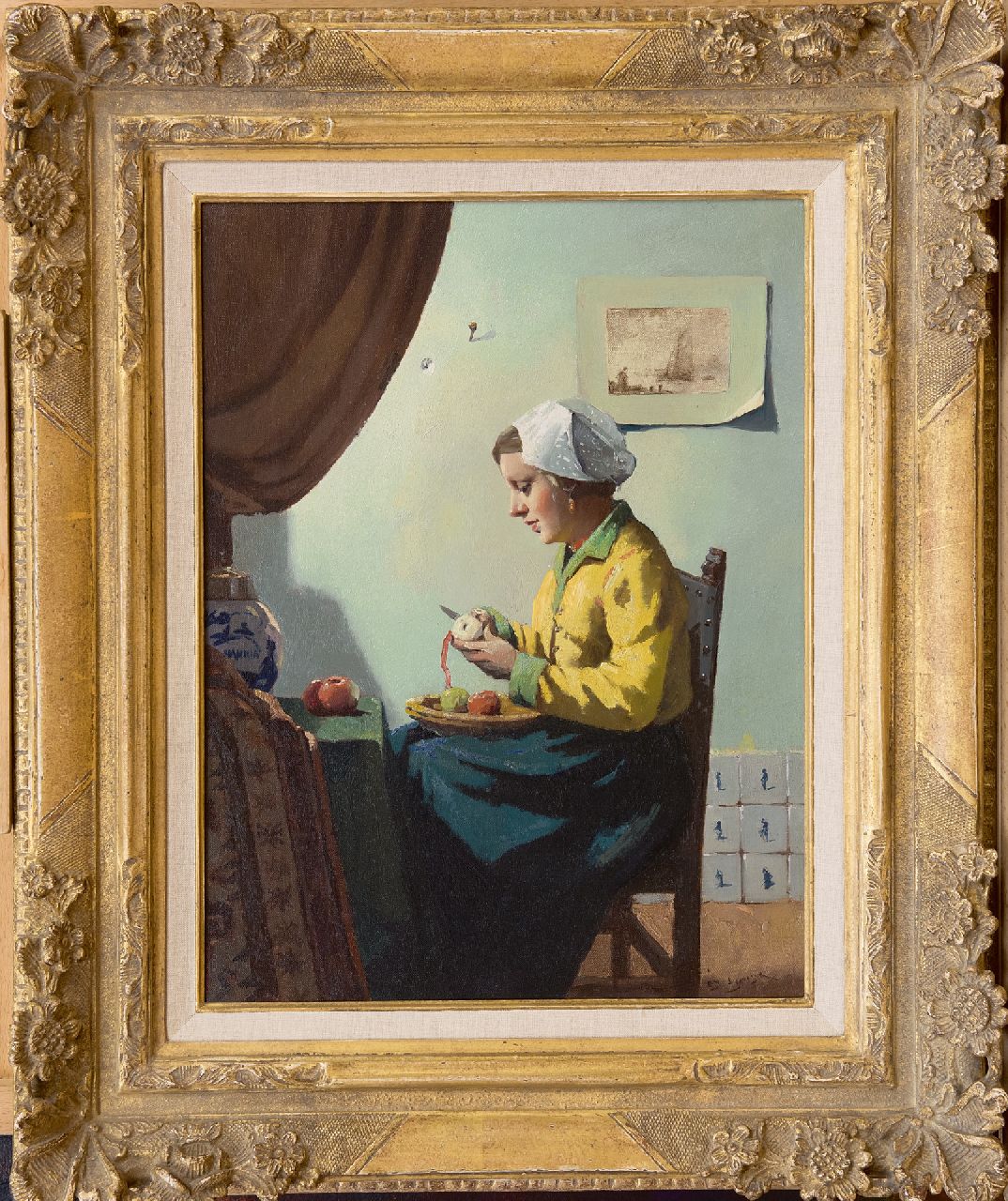 Ligtelijn E.J.  | Evert Jan Ligtelijn, Young girl peeling an apple, oil on canvas 40.2 x 30.4 cm, signed l.r.